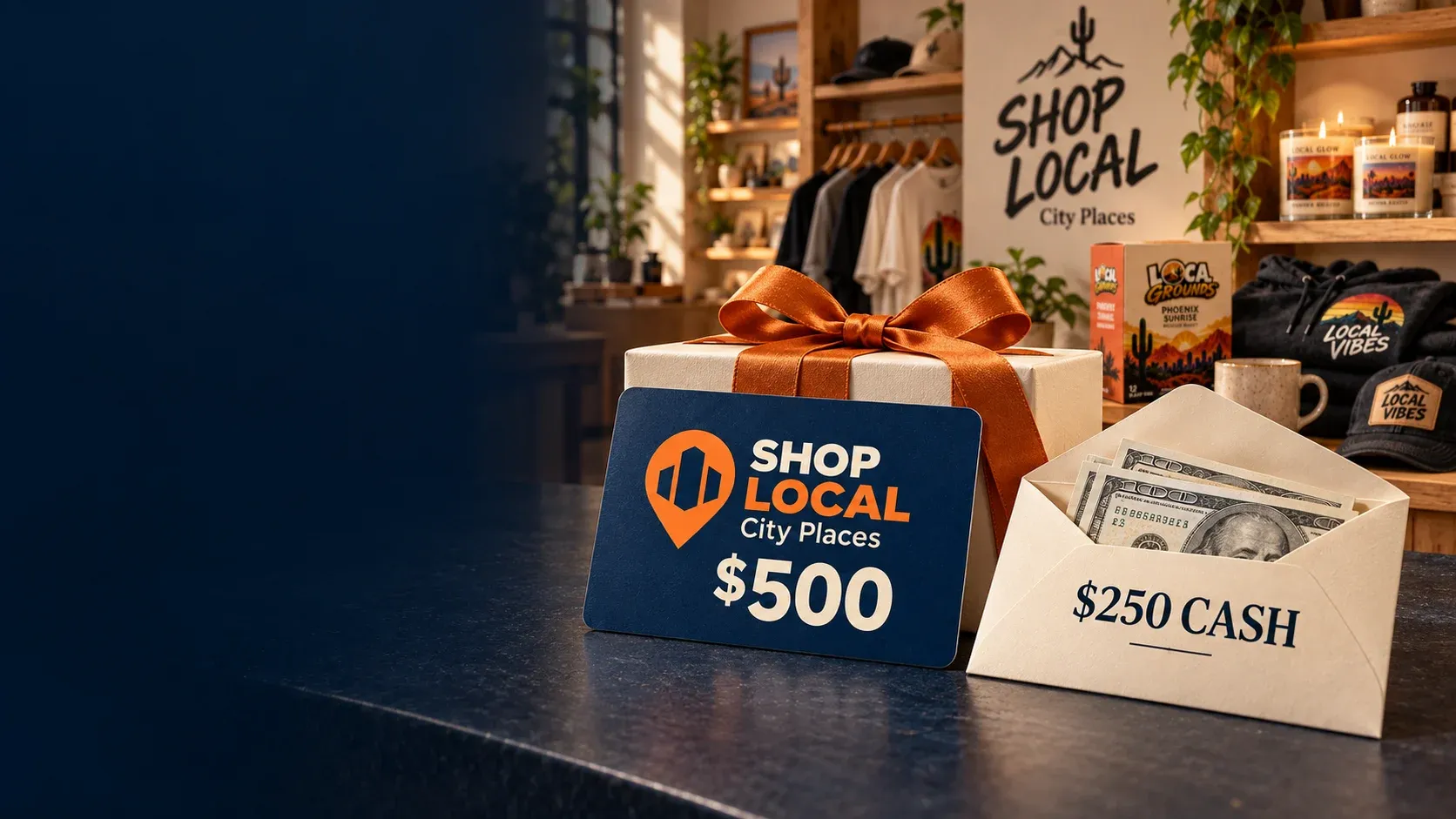 $500 SHOP LOCAL Nevada Places gift card and $250 cash envelope in front of a SHOP LOCAL store and product display.